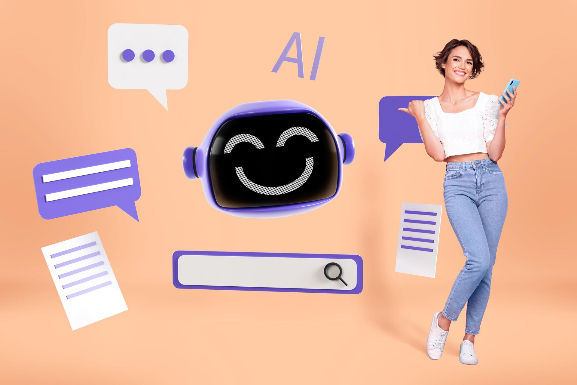 Composite photo collage of happy girl business freelancer hold phone ai technology sear tab notification isolated on painted background